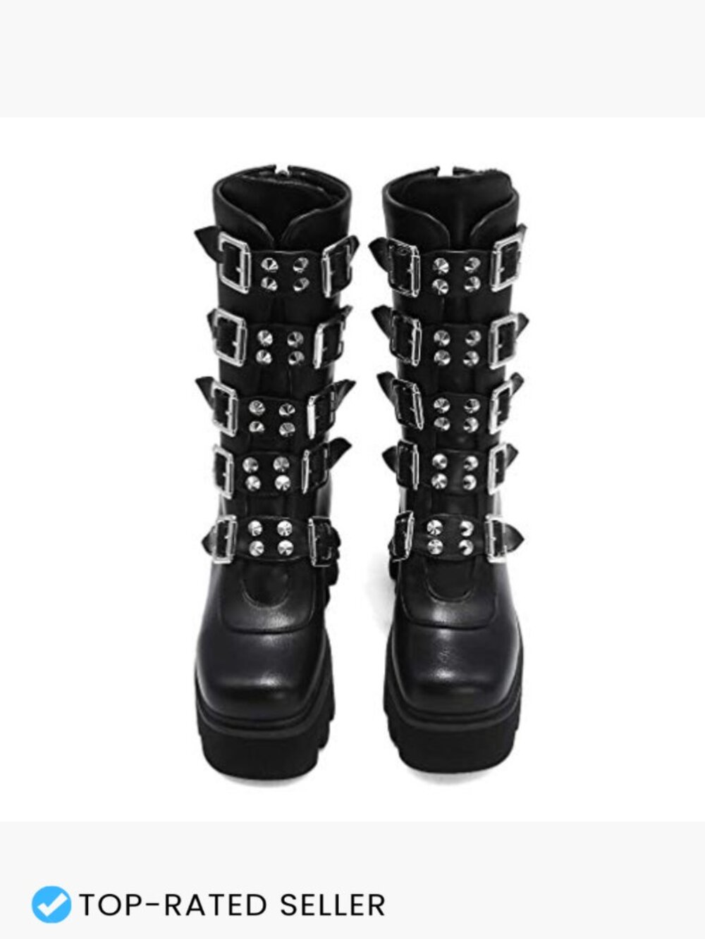Mid Calf Combat Boots Chunky Platform Square Toe Goth Punk with Buckle Strap - Picture 5 of 7